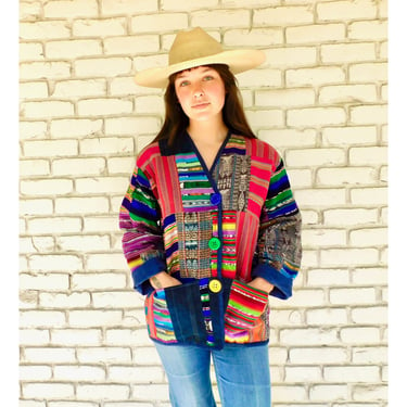 Handwoven Ikat Jacket // blanket rainbow blouse boho hippie dress Guatemalan southwestern cotton 80s // O/S 