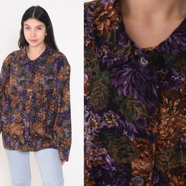 Dark Floral Blouse Y2K Button Up Shirt Long Sleeve Collared Top Woven Flower Print Purple Green Bohemian Vintage 00s extra large xl 2xl xxl 