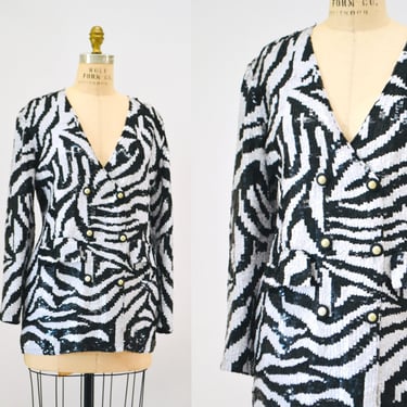 80s 90s Vintage Zebra Stripe Sequin Jacket Black White Sequin Blazer by French Collizioni Small Medium // Vintage Sequin Jacket Zebra Animal 