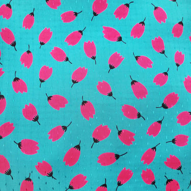 Vintage 1970's Floral Fabric / 80s Teal Magenta Flower Fabric 