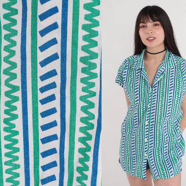 80s Blouse Abstract Print Button Up Shirt Cap Sleeve Top White Blue Green Striped Zig Zag Summer Girly Casual Retro Preppy Vintage 70s Large 