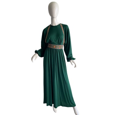 70s Vintage Joy Stevens Maxi Dress / Metallic Grecian Dress / Tapestry Bishop Sleeve Gown XS 