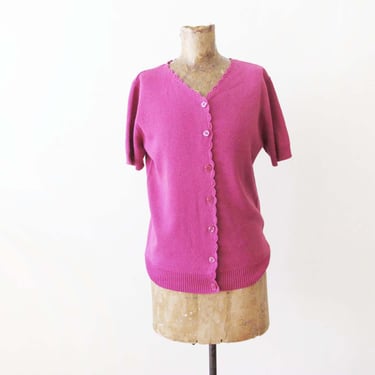 Vintage 90s 2000s Deep Pink Short Sleeve Cardigan M - Y2K Knit Ribbed V Neck Sweater 