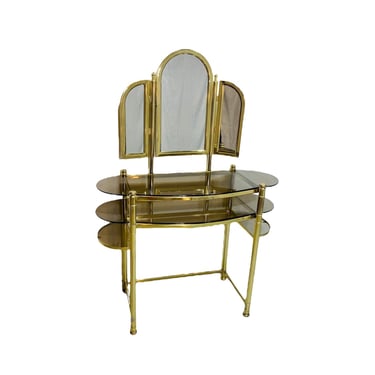 1970s Mid Century Hollywood Regency Brass and Smoked Glass Italian Vanity Bean Shaped Makeup Table With Mirror 