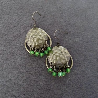 Green frosted glass and hammered bronze chandelier earrings 