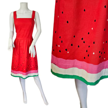 Malia 1970's Cotton Blend Red Green Watermelon Print Hawaiian Dress I Sz Med I Sleeveless 