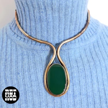 Fabulous Vintage 70s Modernist Green Amulet Metal Choker Necklace 