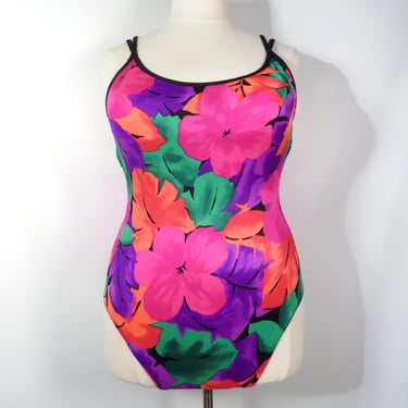 Vintage 90s Plus Size Bright Tropical Floral One Piece Swimsuit Made In USA Size XL 16 