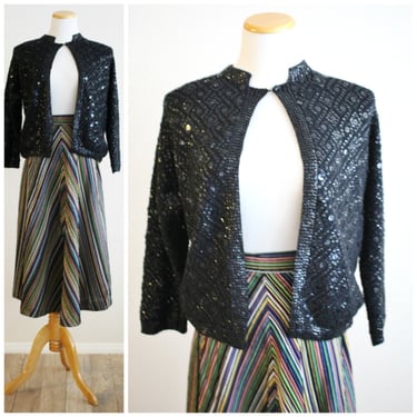 Vintage 50's 60'S VLV Rockabilly Sequinned Black Wool Beaded Open Jacket Cardigan Sweater CYN LES Hong Kong 