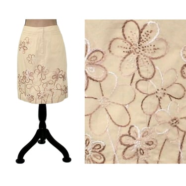 90s Flower Embroidered Pencil Skirt XS, Casual Beige Cotton Midi Skirt, 1990s Clothes Women, Vintage Clothing from TALBOTS Made in Hong Kong 