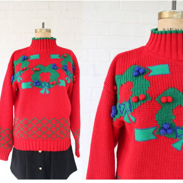 1980's Christmas Wreath Knit Sweater 