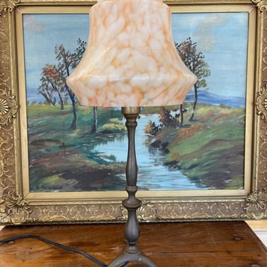 Free shipping within Continental US - Vintage European Table Lamp with Swirled Glass Shade and Metal Base 