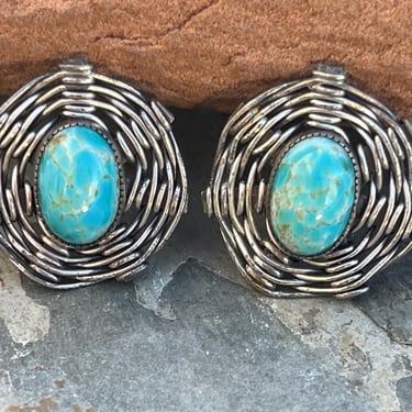 Vintage Southwest Woven Sterling Silver Screw Back Earrings with Oval Turquoise Cab Centers 