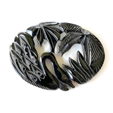 Vintage Carved Bakelite Swan Brooch, Large Oval Tropical Brooch, Intricately Carved Black Bakelite, Forties Figural Jewelry, Gift for Her 