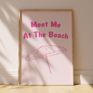 Meet Me At the Beach Poster Printable | Pink Umbrella | Coastal Beach Wall Art | Vertical | Digital Download Posters 