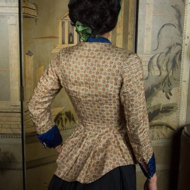 1870s Bodice - Striking c. 1875 Printed Silk Bodice with Striking Cobalt Contrast, Bustle Era,  with Eight Covered Stays 