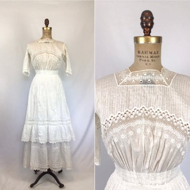Vintage Edwardian dress | Antique white cotton lace lawn dress | 1910s white cotton summer dress 