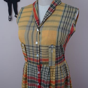 Vintage 1950's Plaid ShirtWaist Dress / 50s Yellow Plaid Check Day Dress M/L 