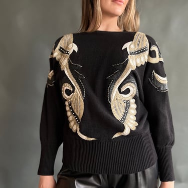 Vintage 80s Leather & Snakeskin Feather Sweater 