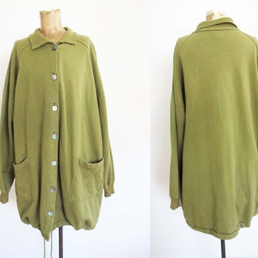Vintage 90s Grunge Olive Green Long Cotton Anorak Sweater Jacket Baggy Oversized Large 