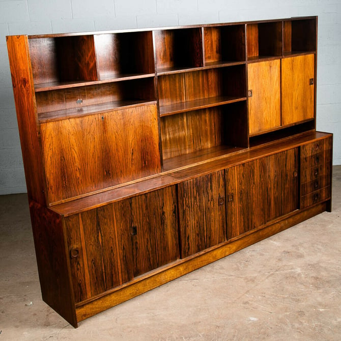 Mid Century Danish Modern Credenza Wall Unit Hutch Cabinet Shelves Rosewood Wood