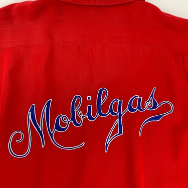 1940's Gabardine Shirt - MOBILGAS - Vivid Red Gabardine - Flap Patch pockets - Loop Collar - Top Stitch Details - Men's Size X LARGE 