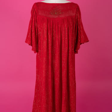 Rare Vintage 1970s Red Cotton Gauze Kaftan with Gold Lurex Thread, Butterfly Sleeves, and Embroidered Crochet Yoke 