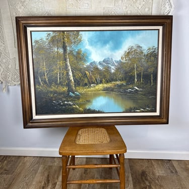 Large Gorgeous “Bob Ross” Style Signed Oil Painting Landscape Trees, Cabin and Pond 