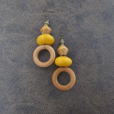 Chunky wooden earrings, Afrocentric African earrings, geometric earrings, rustic mid century, yellow 