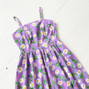Vintage Lavender Grasshopper + Daisy Print Sundress with Pockets 