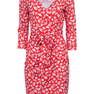 Diane von Furstenberg - Red & White Leaf Print Wrap Dress Sz 8