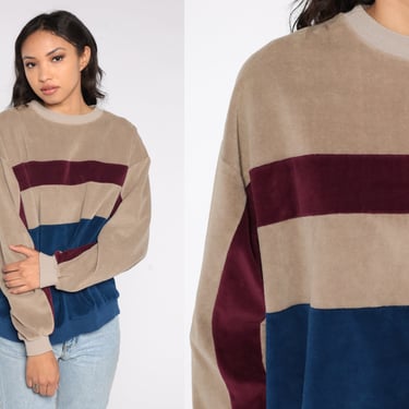 Striped Velour Sweatshirt 80s Color Block Pullover Tan Red Blue Stripes Grunge Sweater Retro Long Sleeve Top 1980s Plain Normcore Mens Large 