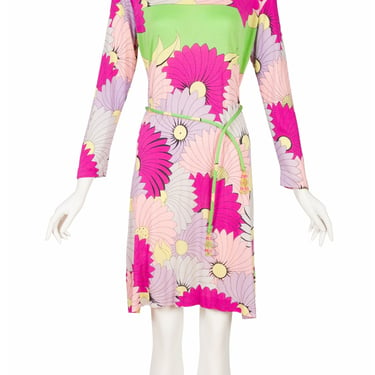 Averardo Bessi 1960s Vintage Floral Silk Jersey Belted Long Sleeve Dress 