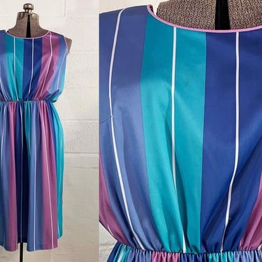 Vintage Rainbow Pastel Striped Dress 1970s Pink Purple Blue 1980s Sleeveless Tank Elastic Waist Fit & Flare XL XXL 1XL 1X Plus Curvy Volup 