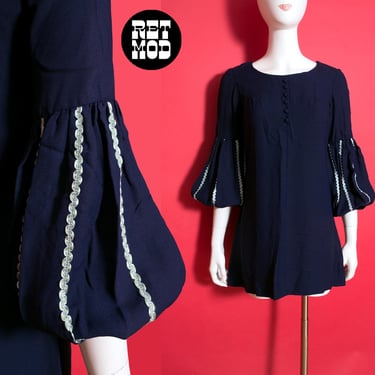 EPIC Vintage 60s 70s Navy Blue Mini Dress with Puffy Bishop Sleeves by Parc Jrs 