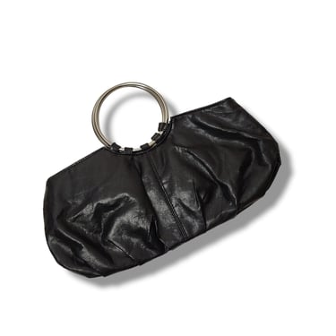 1990s Vintage Baguette Purse, Soft Smooth Black Leather Handbag, Retro Silver Ring Hoop Handles, Festival, Vintage Clothing & Accessories 
