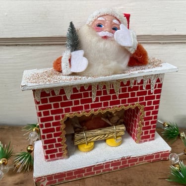 Vintage Santa Putz Fireplace Mantel, Santa Claus On Brick Chimney, Plastic Face, Chenille Stems 