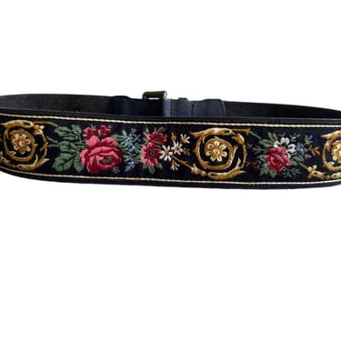 Laura Ashley Belt Vintage, Vintage Black Wool Floral Belt, Needlepoint Belt, Floral Leather Belt, Designer Belt, Black Leather Belt, 90sBelt 