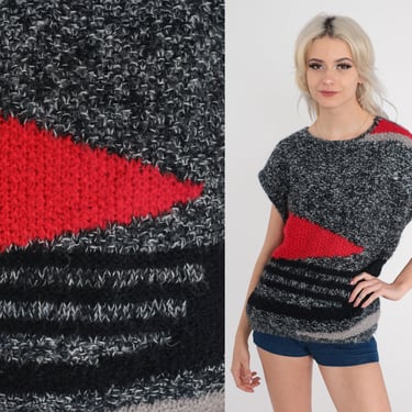 Geometric Sweater Top 80s Grey Black Knit Top Short Cap Sleeve Top 1980s Graphic Vintage Acrylic Abstract Flecked Crewneck Small S 