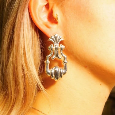 Vintage Embellished Sterling Silver Hinged Dangle Stud Earrings, Fleur Repousse Design, Art Deco Style, Unique 925 Earrings, 2 1/2” L 