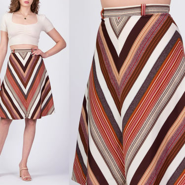 Vintage 70s Chevron Striped A-Line Skirt - Extra Small, 23" | Earth Tone High Waist Polyester Schoolgirl Midi 