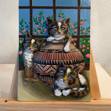 Vintage Cat Art Three Little Kittens Resin | 3D Cat Art Based on the Painting Of Sue Wall | Kitten Resin Art Reco International 