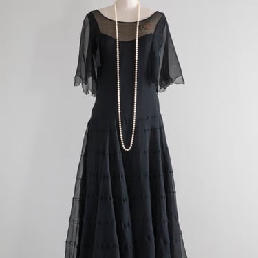 Elegant Late 1920's Navy Blue Silk Chiffon Afternoon Dress / Small