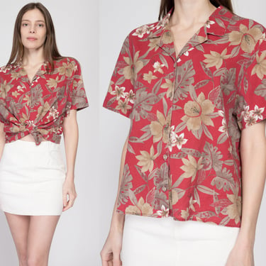 XL 80s Red Tropical Leaf Print Short Sleeve Blouse | Vintage Tapestry Brand Boho Collared Button Up Top 