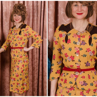 1930s Suit - Charming Vintage Printed Rayon MeshTwo Piece Skirt Set in Mustard with Polka Dot Floral 