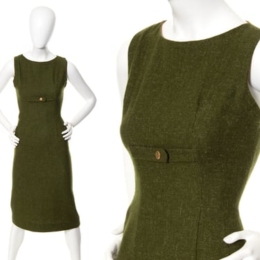Vintage 1960s Dress | 60s Wool Dark Olive Green Wiggle Sheath Work Secretary Fall Winter Sleeveless Jumper Midi Dress (x-small) 