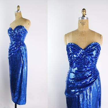 80s Royal Blue Sequined Beaded Maxi Dress / Prom Dress / Party Dress / Blue Vintage Dress / Size XS/S 