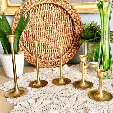 Brass Candle Holders, Instant Collection, Table Display Graduated Sizes, Group of 5,  Vintage Mid Century 
