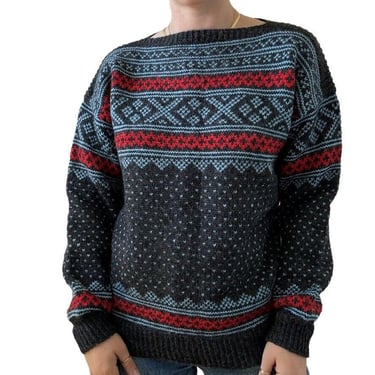 Vintage Womens Hand Knit Gray 100% Wool Norwegian Fair Isle Birdseye Sweater XL 