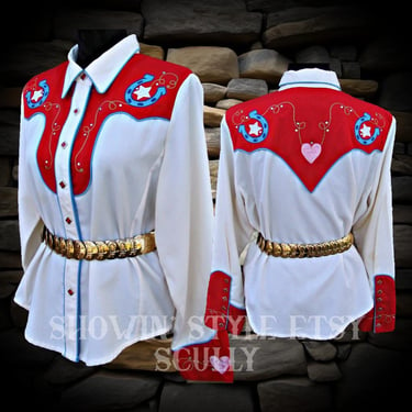 Vintage Retro Women's Cowgirl Western Shirt by Scully, Rodeo Queen, Embroidered Hearts & Horse Shoes, Size Large (see meas. photo) 